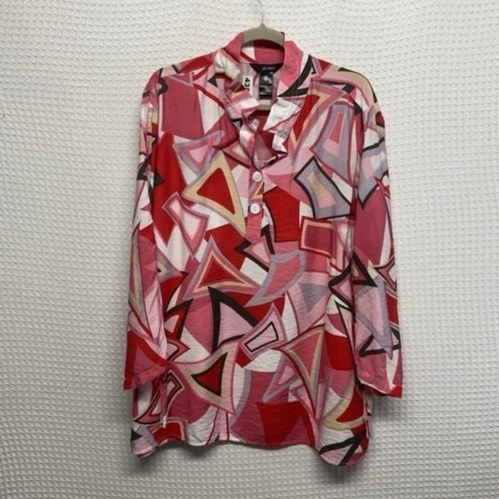 NWOT Ali Miles Red Abstract Art Crinkle Travel Chinch Sleev Tunic Women XL China